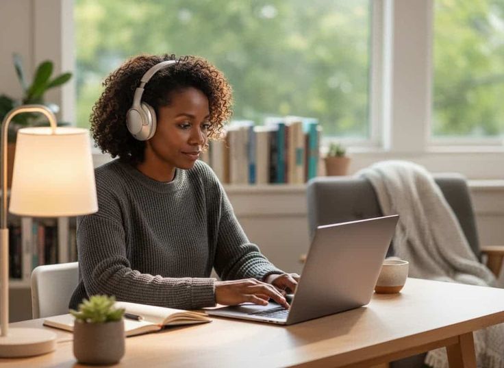 A calm, focused Black woman in her mid-40s works on a laptop at a home office desk with soft lighting and a peaceful background.